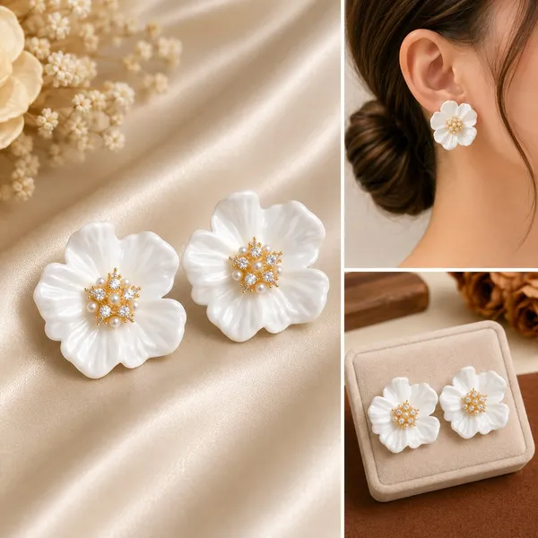 Elegant_White_Floral_Stud_Earrings_For_Women_Beautiful_Flower_Shaped_Design_With_Pearl_And_Sparkling_Rhinestone_Center_Stylish_Statement_Fashion_Jewellery_For_Party_Wedding_Festive_And_Special_Occasions