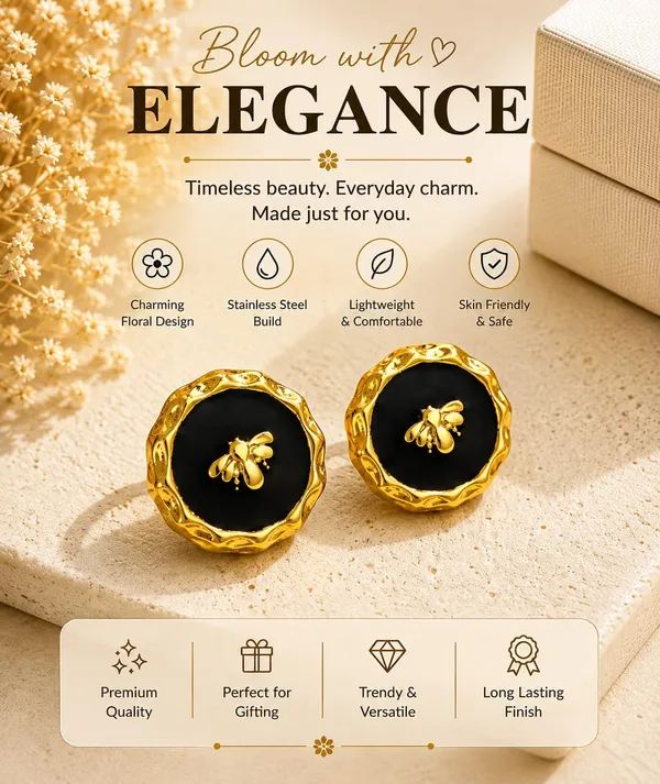 Black_Round_Bee_Motif_Stud_Earrings_For_Women_Gold_Tone_Scalloped_Border_Cute_Elegant_Trendy_Fashion_Jewellery_For_Casual_Party_Festive_Wear