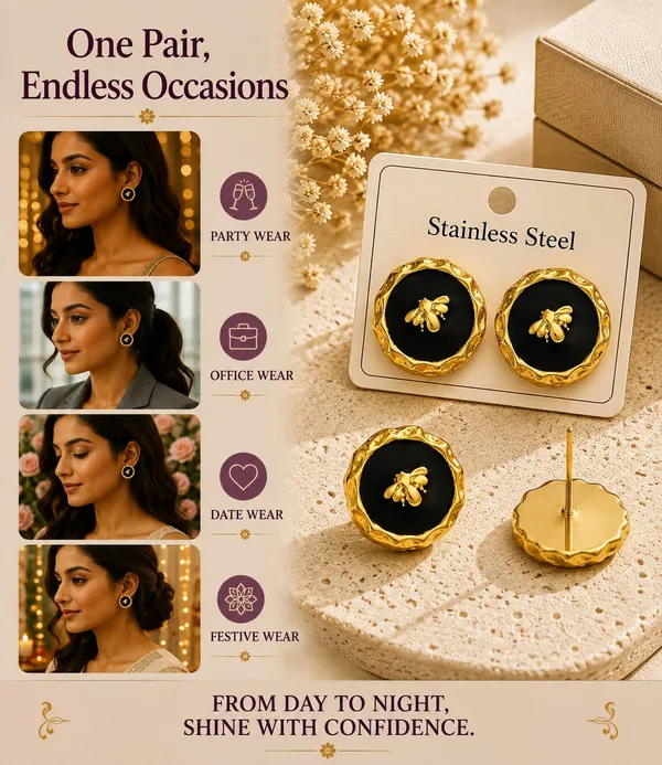 Black_Round_Bee_Motif_Stud_Earrings_For_Women_Gold_Tone_Scalloped_Border_Cute_Elegant_Trendy_Fashion_Jewellery_For_Casual_Party_Festive_Wear