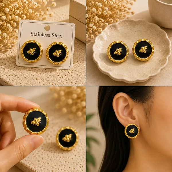 Black_Round_Bee_Motif_Stud_Earrings_For_Women_Gold_Tone_Scalloped_Border_Cute_Elegant_Trendy_Fashion_Jewellery_For_Casual_Party_Festive_Wear
