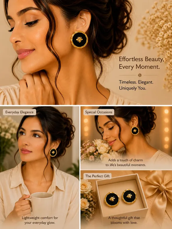 Black_Round_Bee_Motif_Stud_Earrings_For_Women_Gold_Tone_Scalloped_Border_Cute_Elegant_Trendy_Fashion_Jewellery_For_Casual_Party_Festive_Wear