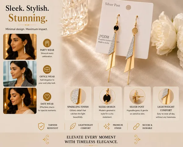 Elegant_Long_Geometric_Drop_Earrings_For_Women_Gold_Tone_And_Silver_Textured_Statement_Earrings_With_Black_Round_Accent_And_Layered_Slim_Triangle_Design_Stylish_Party_Wear_Jewellery_For_Wedding_Festive_And_Evening_Looks