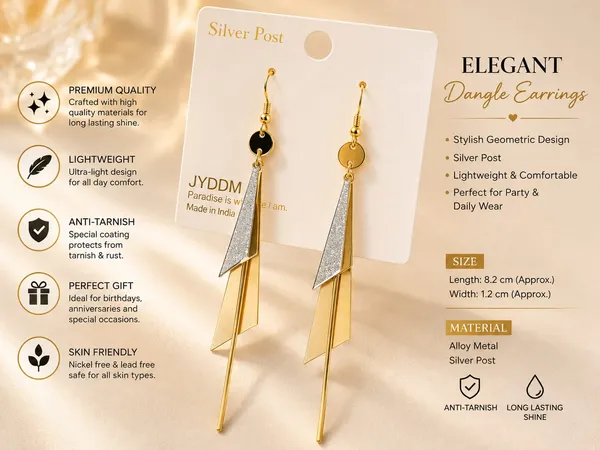 Elegant_Long_Geometric_Drop_Earrings_For_Women_Gold_Tone_And_Silver_Textured_Statement_Earrings_With_Black_Round_Accent_And_Layered_Slim_Triangle_Design_Stylish_Party_Wear_Jewellery_For_Wedding_Festive_And_Evening_Looks