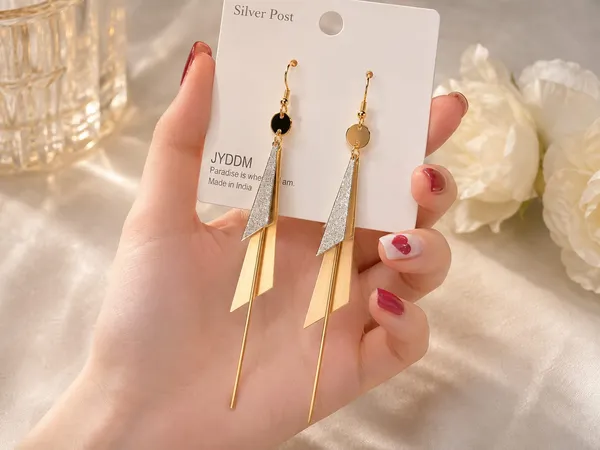 Elegant_Long_Geometric_Drop_Earrings_For_Women_Gold_Tone_And_Silver_Textured_Statement_Earrings_With_Black_Round_Accent_And_Layered_Slim_Triangle_Design_Stylish_Party_Wear_Jewellery_For_Wedding_Festive_And_Evening_Looks