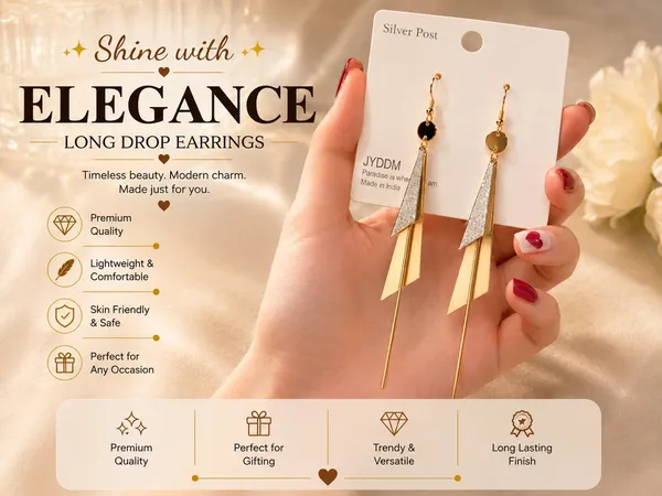 Elegant_Long_Geometric_Drop_Earrings_For_Women_Gold_Tone_And_Silver_Textured_Statement_Earrings_With_Black_Round_Accent_And_Layered_Slim_Triangle_Design_Stylish_Party_Wear_Jewellery_For_Wedding_Festive_And_Evening_Looks