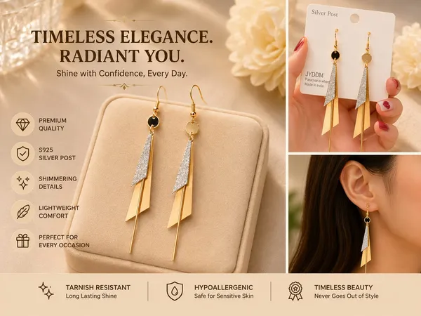Elegant_Long_Geometric_Drop_Earrings_For_Women_Gold_Tone_And_Silver_Textured_Statement_Earrings_With_Black_Round_Accent_And_Layered_Slim_Triangle_Design_Stylish_Party_Wear_Jewellery_For_Wedding_Festive_And_Evening_Looks