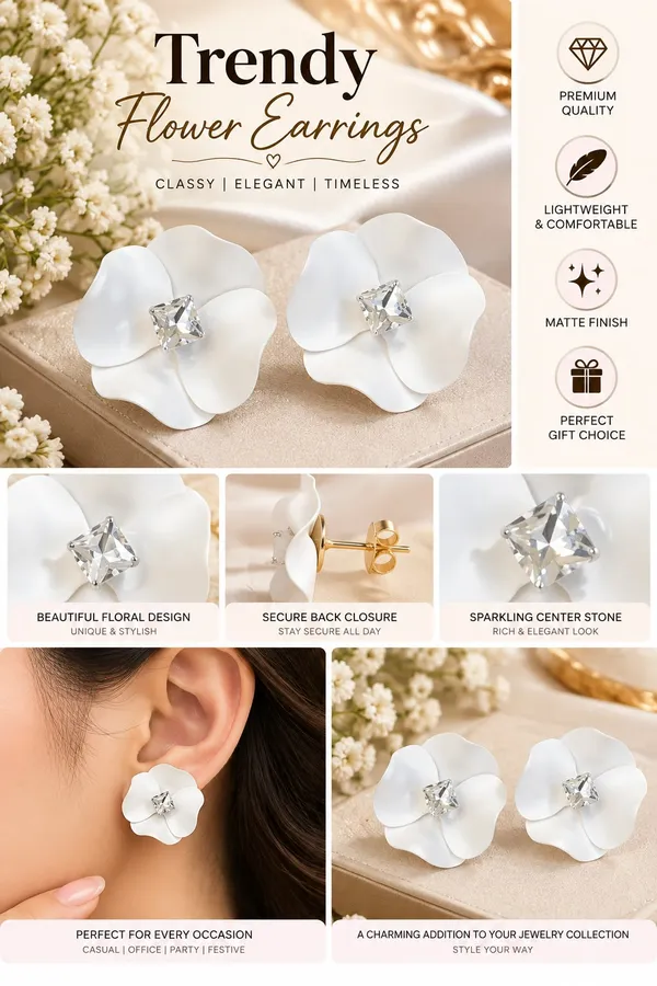 Elegant_White_Flower_Stud_Earrings_For_Women_With_Sparkling_Crystal_Center_Statement_Floral_Fashion_Jewellery_For_Party_Wedding_Festive_And_Special_Occasions