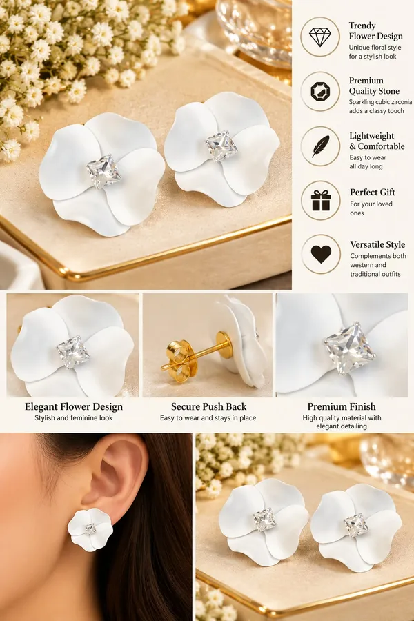 Elegant_White_Flower_Stud_Earrings_For_Women_With_Sparkling_Crystal_Center_Statement_Floral_Fashion_Jewellery_For_Party_Wedding_Festive_And_Special_Occasions
