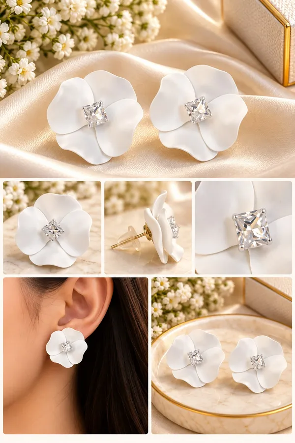 Elegant_White_Flower_Stud_Earrings_For_Women_With_Sparkling_Crystal_Center_Statement_Floral_Fashion_Jewellery_For_Party_Wedding_Festive_And_Special_Occasions