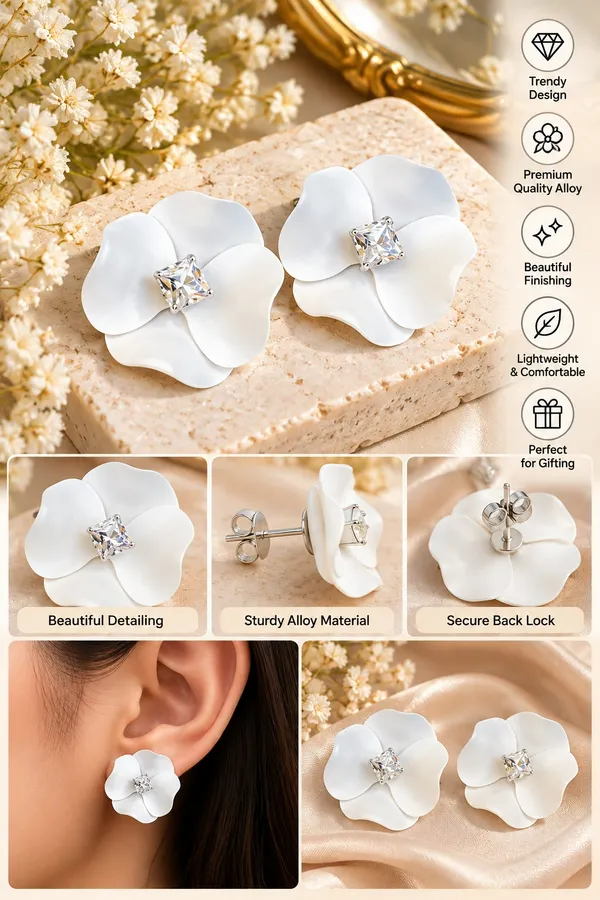 Elegant_White_Flower_Stud_Earrings_For_Women_With_Sparkling_Crystal_Center_Statement_Floral_Fashion_Jewellery_For_Party_Wedding_Festive_And_Special_Occasions