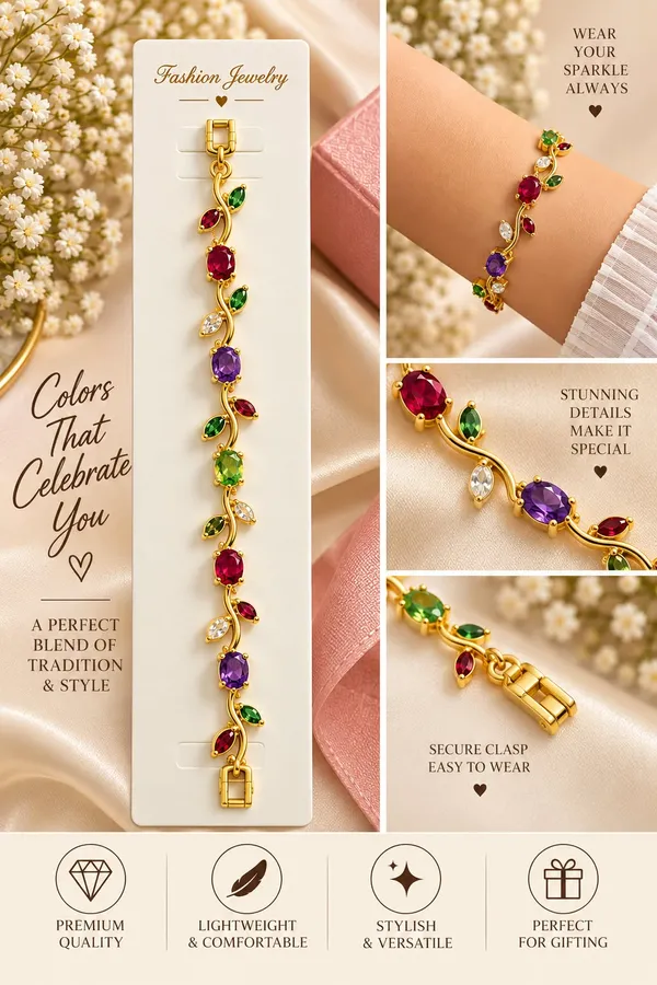 Elegant_Gold_Tone_Multicolor_Gemstone_Leaf_Vine_Bracelet_For_Women_With_Ruby_Red_Purple_And_Green_Stones_Floral_Inspired_Statement_Fashion_Jewellery_For_Party_Wedding_And_Festive_Wear