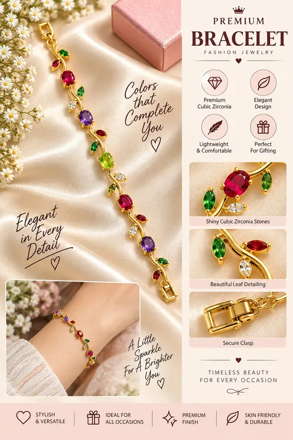 Elegant_Gold_Tone_Multicolor_Gemstone_Leaf_Vine_Bracelet_For_Women_With_Ruby_Red_Purple_And_Green_Stones_Floral_Inspired_Statement_Fashion_Jewellery_For_Party_Wedding_And_Festive_Wear