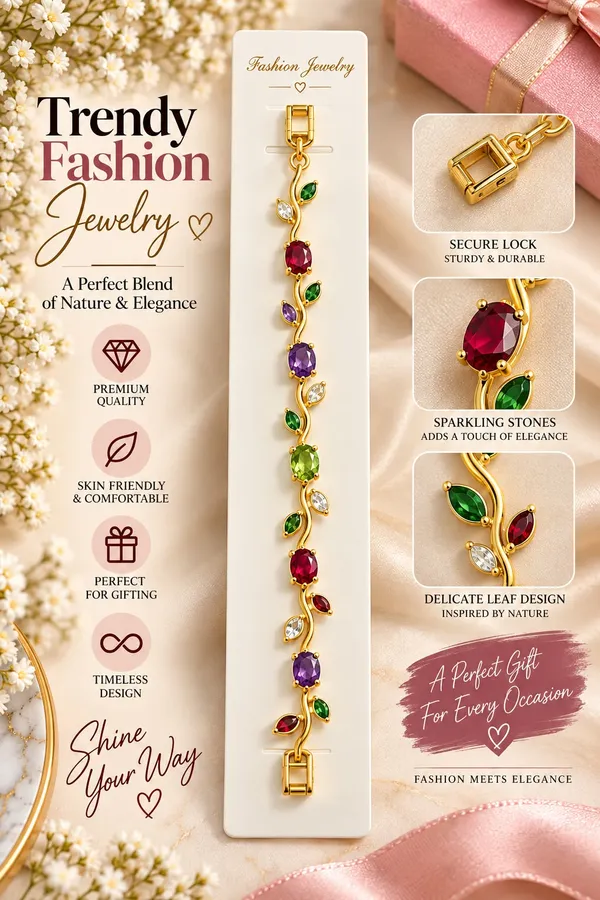 Elegant_Gold_Tone_Multicolor_Gemstone_Leaf_Vine_Bracelet_For_Women_With_Ruby_Red_Purple_And_Green_Stones_Floral_Inspired_Statement_Fashion_Jewellery_For_Party_Wedding_And_Festive_Wear