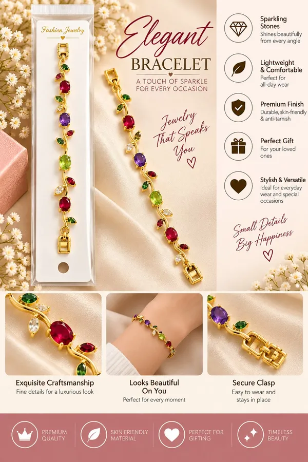 Elegant_Gold_Tone_Multicolor_Gemstone_Leaf_Vine_Bracelet_For_Women_With_Ruby_Red_Purple_And_Green_Stones_Floral_Inspired_Statement_Fashion_Jewellery_For_Party_Wedding_And_Festive_Wear