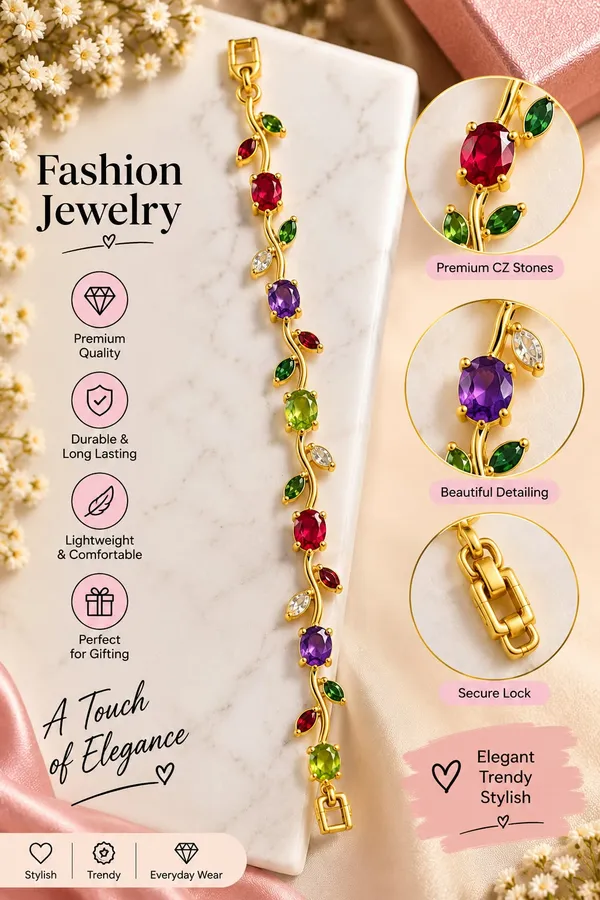 Elegant_Gold_Tone_Multicolor_Gemstone_Leaf_Vine_Bracelet_For_Women_With_Ruby_Red_Purple_And_Green_Stones_Floral_Inspired_Statement_Fashion_Jewellery_For_Party_Wedding_And_Festive_Wear