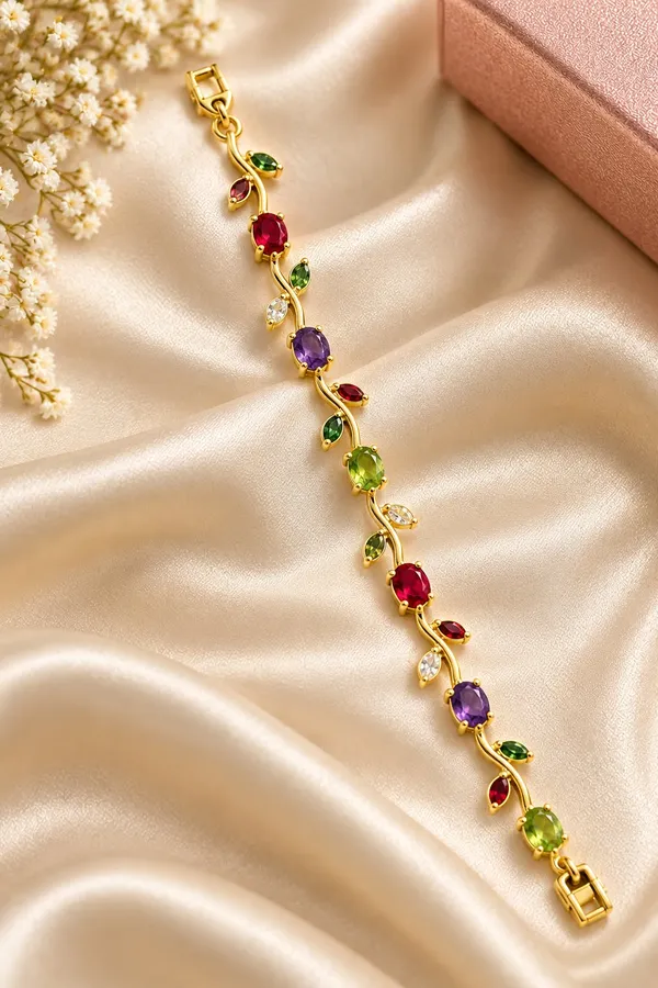 Elegant_Gold_Tone_Multicolor_Gemstone_Leaf_Vine_Bracelet_For_Women_With_Ruby_Red_Purple_And_Green_Stones_Floral_Inspired_Statement_Fashion_Jewellery_For_Party_Wedding_And_Festive_Wear