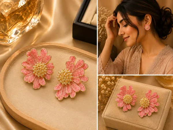 Elegant_Pink_Floral_Stud_Earrings_For_Women_And_Girls_Gold_Tone_Flower_Earrings_With_Intricate_Petal_Design_And_Sparkling_Beaded_Center_Stylish_Statement_Jewellery_For_Party_Wedding_Festive_And_Everyday_Wear