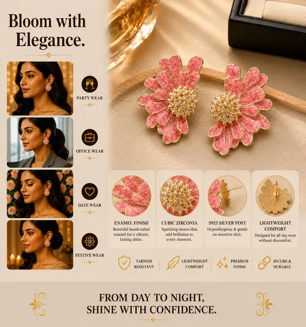 Elegant_Pink_Floral_Stud_Earrings_For_Women_And_Girls_Gold_Tone_Flower_Earrings_With_Intricate_Petal_Design_And_Sparkling_Beaded_Center_Stylish_Statement_Jewellery_For_Party_Wedding_Festive_And_Everyday_Wear