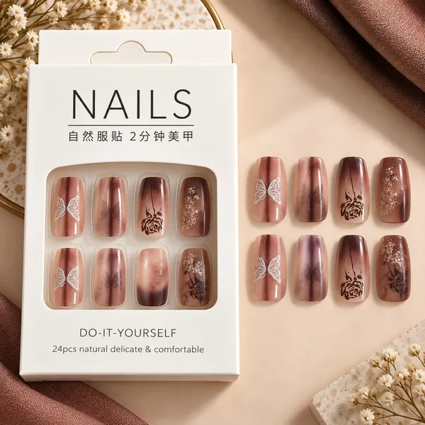 24_Pcs_Brown_Butterfly_Press_On_Nails_For_Women_Glossy_Nude_Brown_Artificial_Nails_With_Floral_Butterfly_And_Rose_Designs_Elegant_Diy_Nail_Art_Set