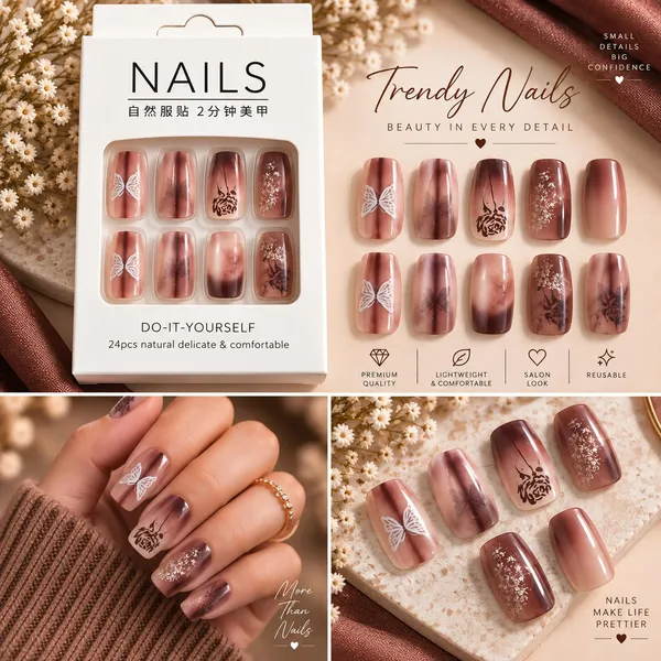 24_Pcs_Brown_Butterfly_Press_On_Nails_For_Women_Glossy_Nude_Brown_Artificial_Nails_With_Floral_Butterfly_And_Rose_Designs_Elegant_Diy_Nail_Art_Set