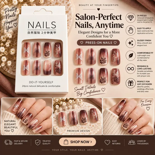 24_Pcs_Brown_Butterfly_Press_On_Nails_For_Women_Glossy_Nude_Brown_Artificial_Nails_With_Floral_Butterfly_And_Rose_Designs_Elegant_Diy_Nail_Art_Set