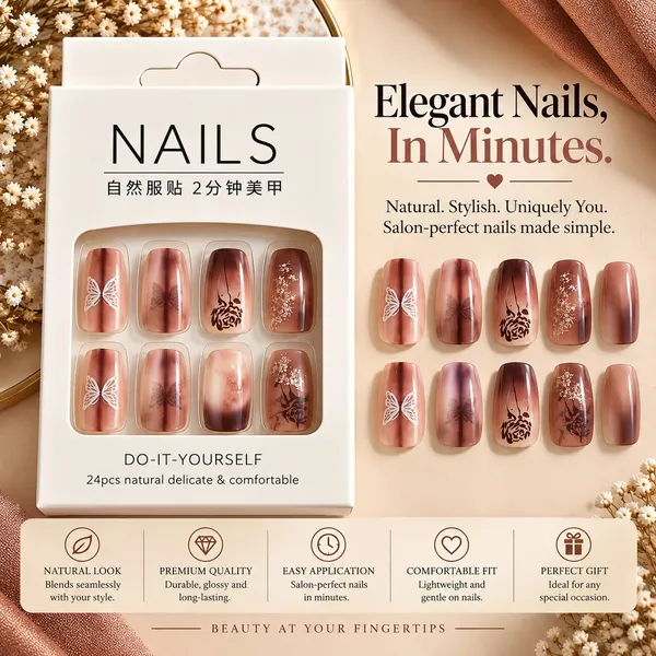 24_Pcs_Brown_Butterfly_Press_On_Nails_For_Women_Glossy_Nude_Brown_Artificial_Nails_With_Floral_Butterfly_And_Rose_Designs_Elegant_Diy_Nail_Art_Set