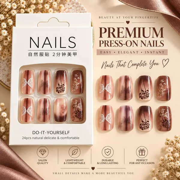 24_Pcs_Brown_Butterfly_Press_On_Nails_For_Women_Glossy_Nude_Brown_Artificial_Nails_With_Floral_Butterfly_And_Rose_Designs_Elegant_Diy_Nail_Art_Set