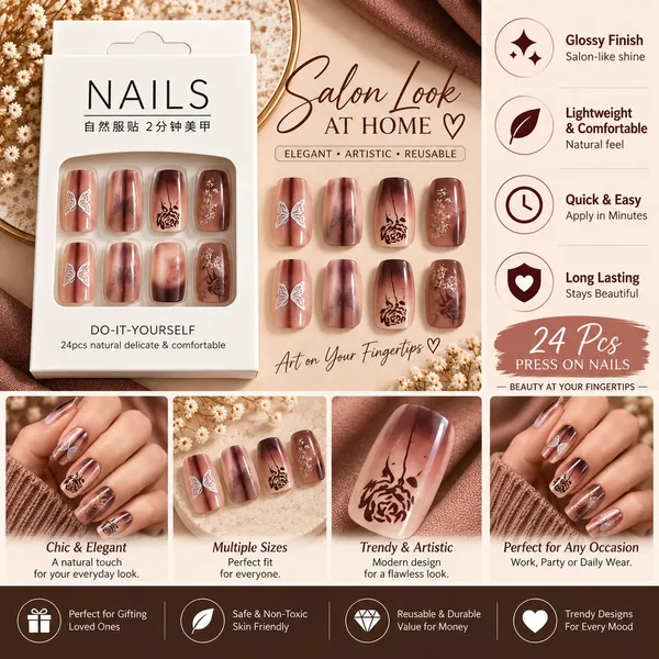 24_Pcs_Brown_Butterfly_Press_On_Nails_For_Women_Glossy_Nude_Brown_Artificial_Nails_With_Floral_Butterfly_And_Rose_Designs_Elegant_Diy_Nail_Art_Set