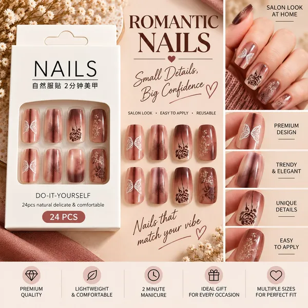 24_Pcs_Brown_Butterfly_Press_On_Nails_For_Women_Glossy_Nude_Brown_Artificial_Nails_With_Floral_Butterfly_And_Rose_Designs_Elegant_Diy_Nail_Art_Set