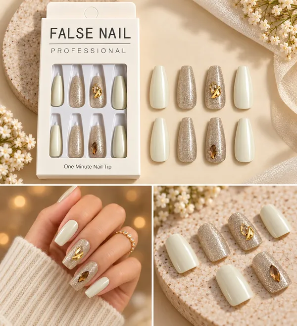24_Pcs_Pearl_White_Press_On_Nails_For_Women_Glitter_Nude_Accent_False_Nails_With_Gold_Embellishment_Design_Long_Coffin_Style_Artificial_Nails_For_Party_Wedding_And_Festive_Manicure