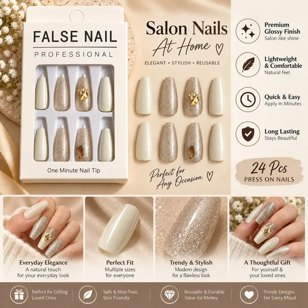 24_Pcs_Pearl_White_Press_On_Nails_For_Women_Glitter_Nude_Accent_False_Nails_With_Gold_Embellishment_Design_Long_Coffin_Style_Artificial_Nails_For_Party_Wedding_And_Festive_Manicure