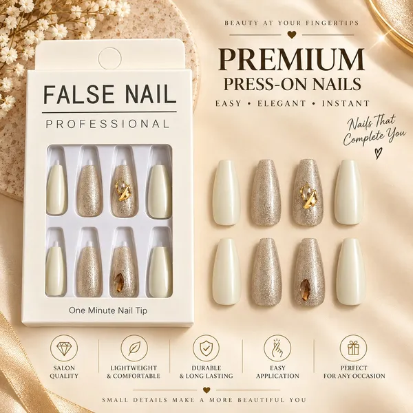 24_Pcs_Pearl_White_Press_On_Nails_For_Women_Glitter_Nude_Accent_False_Nails_With_Gold_Embellishment_Design_Long_Coffin_Style_Artificial_Nails_For_Party_Wedding_And_Festive_Manicure