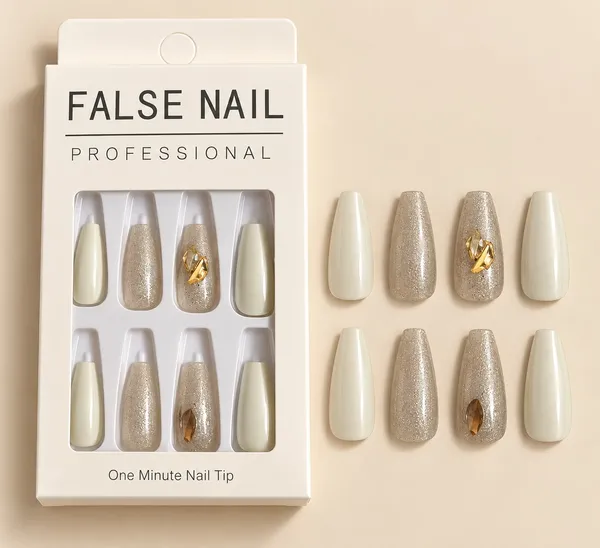 24_Pcs_Pearl_White_Press_On_Nails_For_Women_Glitter_Nude_Accent_False_Nails_With_Gold_Embellishment_Design_Long_Coffin_Style_Artificial_Nails_For_Party_Wedding_And_Festive_Manicure