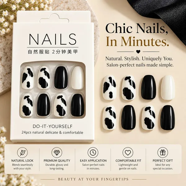 24_Pcs_Black_And_White_Cow_Print_Press_On_Nails_For_Women_Glossy_Cow_Pattern_Artificial_Nails_With_Solid_Black_And_White_Tips_Cute_Diy_Manicure_Set_For_Party_Casual_And_Everyday_Wear