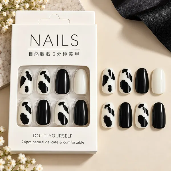 24_Pcs_Black_And_White_Cow_Print_Press_On_Nails_For_Women_Glossy_Cow_Pattern_Artificial_Nails_With_Solid_Black_And_White_Tips_Cute_Diy_Manicure_Set_For_Party_Casual_And_Everyday_Wear