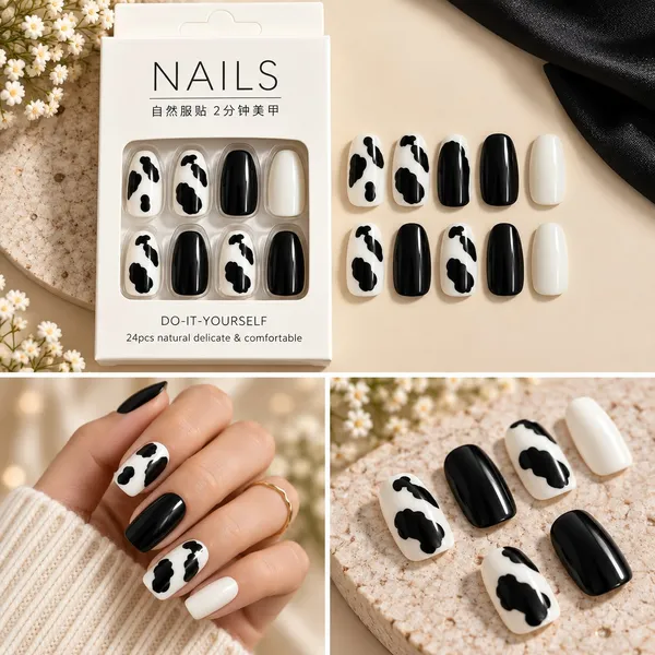 24_Pcs_Black_And_White_Cow_Print_Press_On_Nails_For_Women_Glossy_Cow_Pattern_Artificial_Nails_With_Solid_Black_And_White_Tips_Cute_Diy_Manicure_Set_For_Party_Casual_And_Everyday_Wear