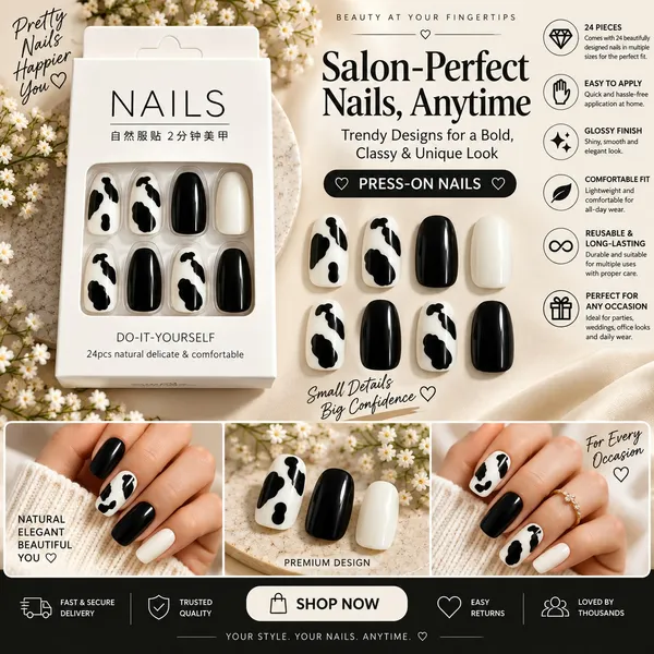24_Pcs_Black_And_White_Cow_Print_Press_On_Nails_For_Women_Glossy_Cow_Pattern_Artificial_Nails_With_Solid_Black_And_White_Tips_Cute_Diy_Manicure_Set_For_Party_Casual_And_Everyday_Wear