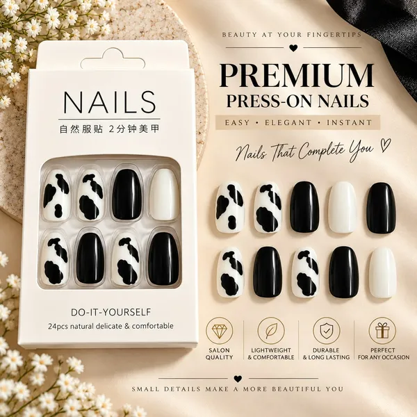24_Pcs_Black_And_White_Cow_Print_Press_On_Nails_For_Women_Glossy_Cow_Pattern_Artificial_Nails_With_Solid_Black_And_White_Tips_Cute_Diy_Manicure_Set_For_Party_Casual_And_Everyday_Wear