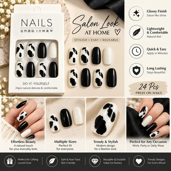24_Pcs_Black_And_White_Cow_Print_Press_On_Nails_For_Women_Glossy_Cow_Pattern_Artificial_Nails_With_Solid_Black_And_White_Tips_Cute_Diy_Manicure_Set_For_Party_Casual_And_Everyday_Wear