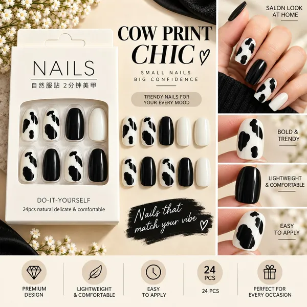 24_Pcs_Black_And_White_Cow_Print_Press_On_Nails_For_Women_Glossy_Cow_Pattern_Artificial_Nails_With_Solid_Black_And_White_Tips_Cute_Diy_Manicure_Set_For_Party_Casual_And_Everyday_Wear