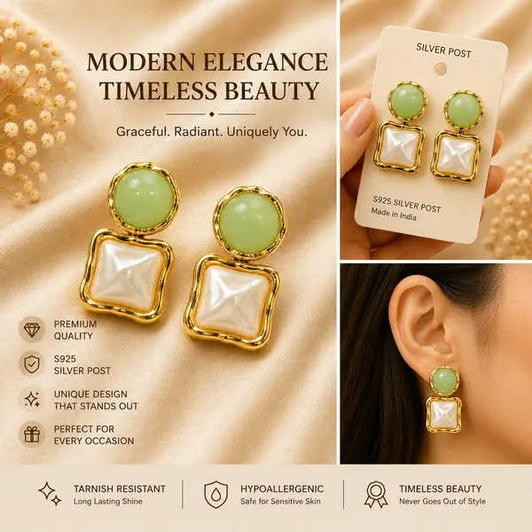 Elegant_Green_Pearl_Square_Drop_Earrings_For_Women_Glossy_Green_Round_Studs_With_Mother_Of_Pearl_Style_Square_Charms_And_Golden_Border_Trendy_Fashion_Jewellery_For_Party_Festive_And_Wedding_Wear