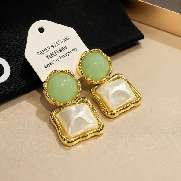 Elegant_Green_Pearl_Square_Drop_Earrings_For_Women_Glossy_Green_Round_Studs_With_Mother_Of_Pearl_Style_Square_Charms_And_Golden_Border_Trendy_Fashion_Jewellery_For_Party_Festive_And_Wedding_Wear