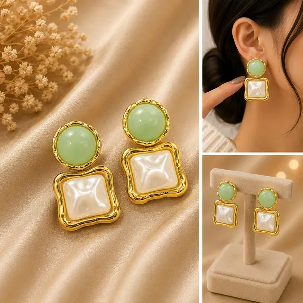Elegant_Green_Pearl_Square_Drop_Earrings_For_Women_Glossy_Green_Round_Studs_With_Mother_Of_Pearl_Style_Square_Charms_And_Golden_Border_Trendy_Fashion_Jewellery_For_Party_Festive_And_Wedding_Wear