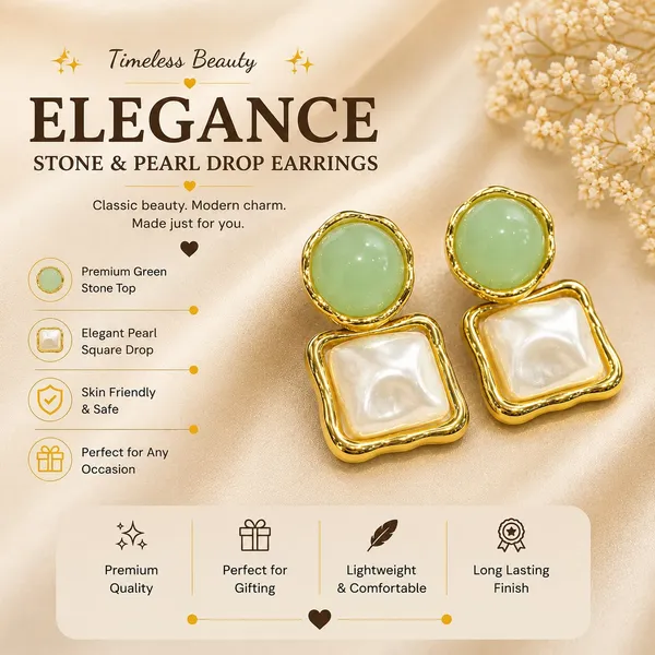 Elegant_Green_Pearl_Square_Drop_Earrings_For_Women_Glossy_Green_Round_Studs_With_Mother_Of_Pearl_Style_Square_Charms_And_Golden_Border_Trendy_Fashion_Jewellery_For_Party_Festive_And_Wedding_Wear