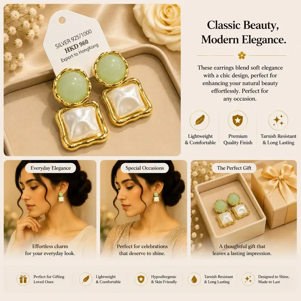 Elegant_Green_Pearl_Square_Drop_Earrings_For_Women_Glossy_Green_Round_Studs_With_Mother_Of_Pearl_Style_Square_Charms_And_Golden_Border_Trendy_Fashion_Jewellery_For_Party_Festive_And_Wedding_Wear