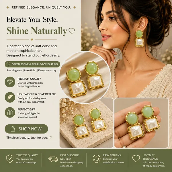 Elegant_Green_Pearl_Square_Drop_Earrings_For_Women_Glossy_Green_Round_Studs_With_Mother_Of_Pearl_Style_Square_Charms_And_Golden_Border_Trendy_Fashion_Jewellery_For_Party_Festive_And_Wedding_Wear