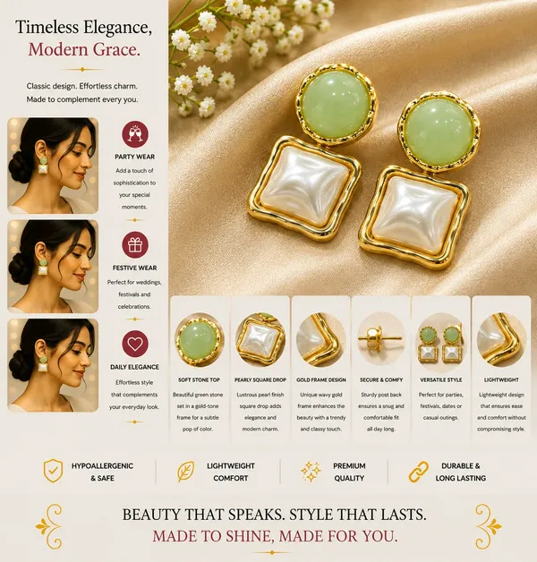 Elegant_Green_Pearl_Square_Drop_Earrings_For_Women_Glossy_Green_Round_Studs_With_Mother_Of_Pearl_Style_Square_Charms_And_Golden_Border_Trendy_Fashion_Jewellery_For_Party_Festive_And_Wedding_Wear