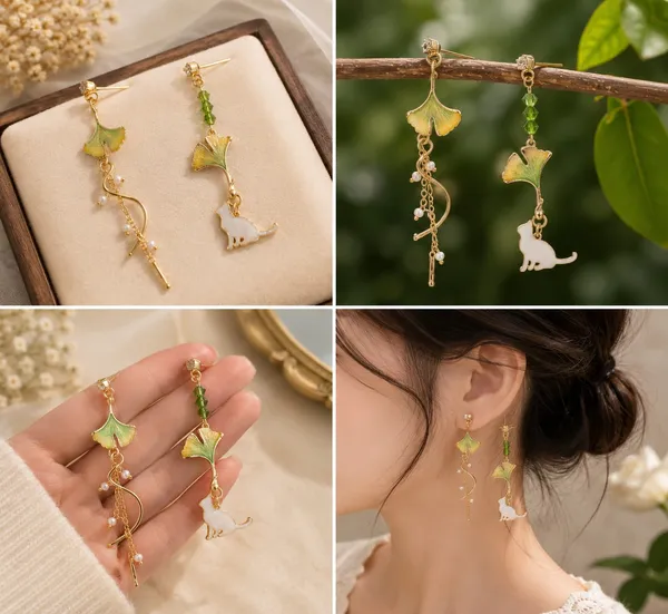 Elegant_Green_Ginkgo_Leaf_Asymmetrical_Drop_Earrings_For_Women_Gold_Tone_Pearl_Beaded_Nature_Inspired_Statement_Jewellery_For_Party_And_Festive_Wear