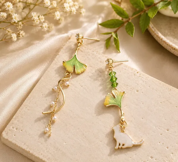 Elegant_Green_Ginkgo_Leaf_Asymmetrical_Drop_Earrings_For_Women_Gold_Tone_Pearl_Beaded_Nature_Inspired_Statement_Jewellery_For_Party_And_Festive_Wear
