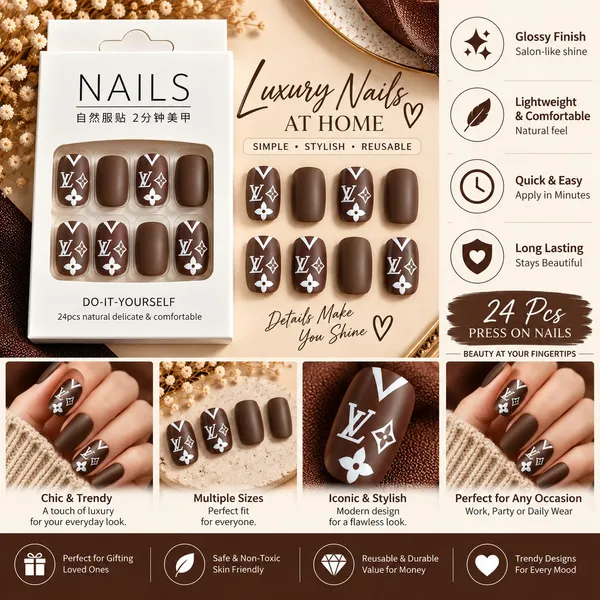 24_Pcs_Brown_Monogram_Style_Press_On_Nails_For_Women_Glossy_Chocolate_Brown_Artificial_Nails_With_White_Floral_And_Geometric_Accent_Design_Elegant_Diy_Nail_Art_Set